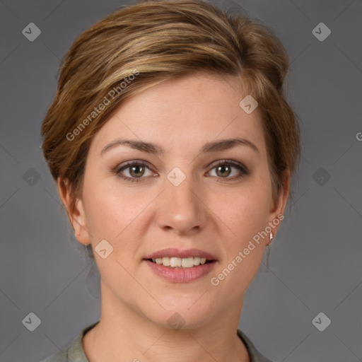 Joyful white young-adult female with medium  brown hair and grey eyes