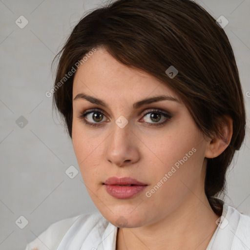 Neutral white young-adult female with medium  brown hair and brown eyes