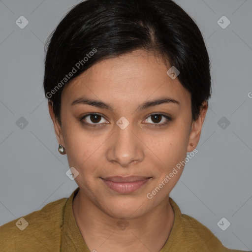 Joyful latino young-adult female with short  brown hair and brown eyes