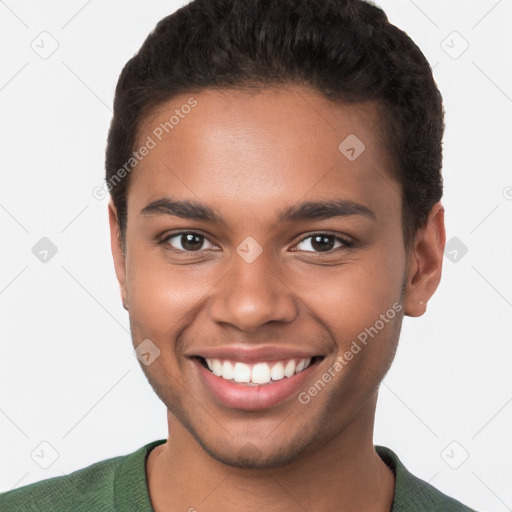 Joyful latino young-adult male with short  brown hair and brown eyes