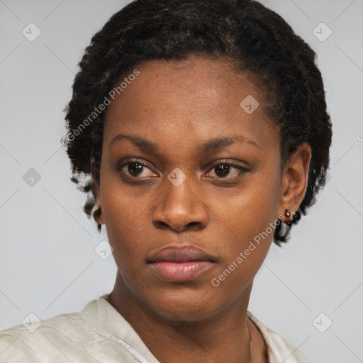 Neutral black young-adult female with short  brown hair and brown eyes