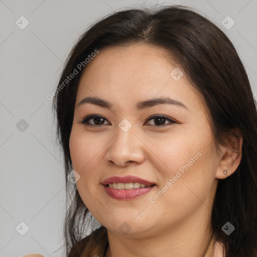 Joyful white young-adult female with long  brown hair and brown eyes