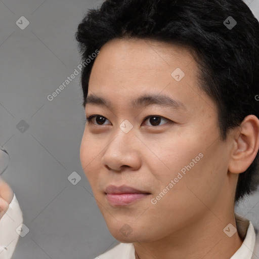 Neutral asian young-adult male with short  black hair and brown eyes