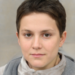 Neutral white young-adult female with short  brown hair and brown eyes