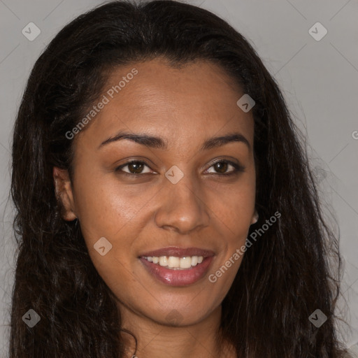 Joyful latino young-adult female with long  brown hair and brown eyes