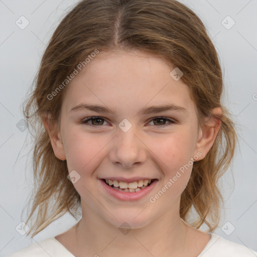 Joyful white child female with medium  brown hair and brown eyes