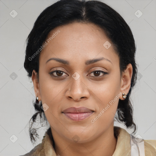 Joyful latino young-adult female with medium  brown hair and brown eyes