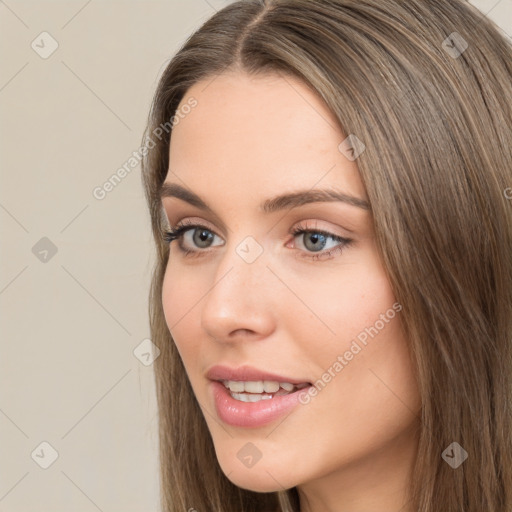 Neutral white young-adult female with long  brown hair and brown eyes