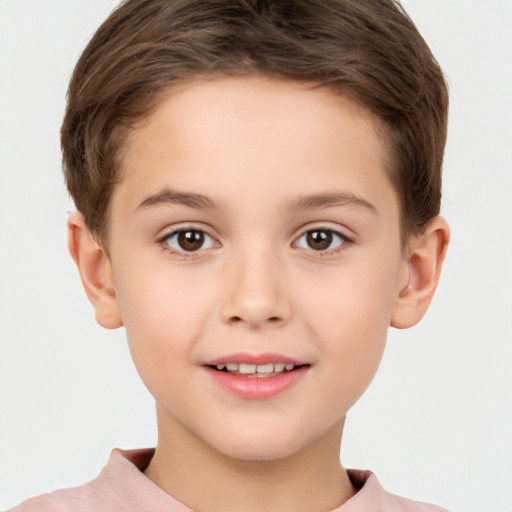 Joyful white child female with short  brown hair and brown eyes