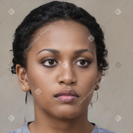 Neutral black young-adult female with medium  brown hair and brown eyes