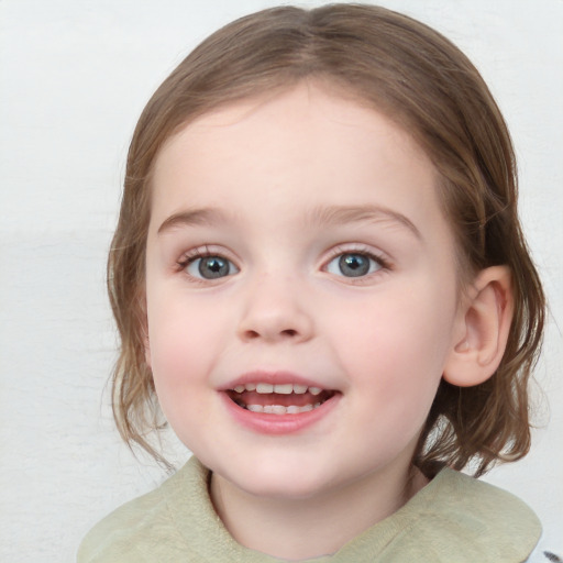 Joyful white child female with medium  brown hair and blue eyes