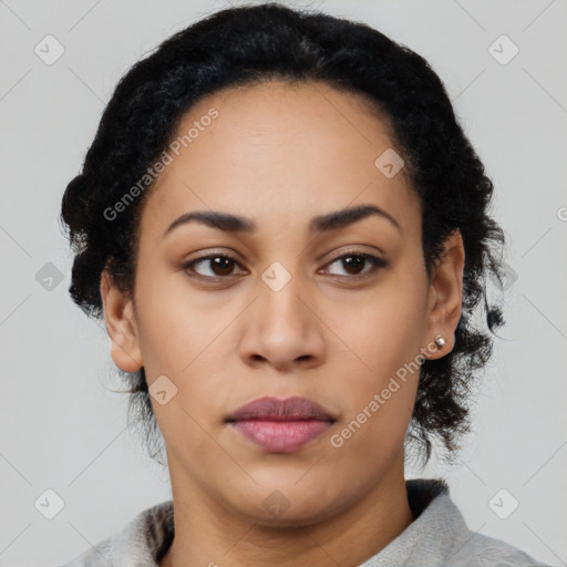 Joyful latino young-adult female with medium  black hair and brown eyes