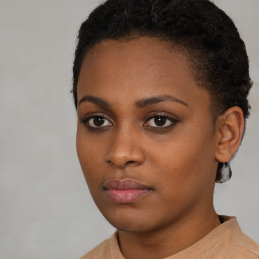 Neutral black young-adult female with short  black hair and brown eyes