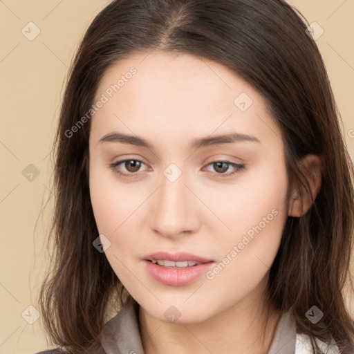 Neutral white young-adult female with long  brown hair and brown eyes