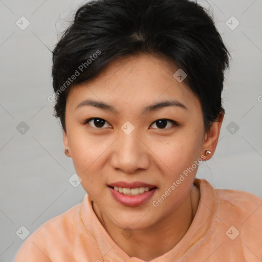 Joyful asian young-adult female with short  black hair and brown eyes