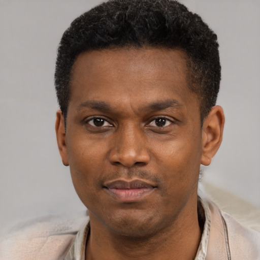 Neutral black young-adult male with short  black hair and brown eyes