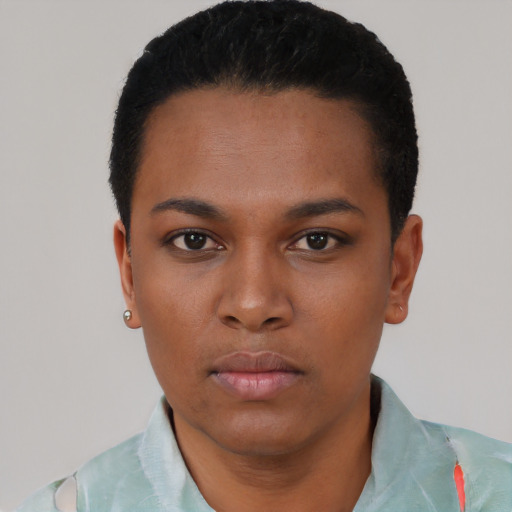 Neutral black young-adult female with short  black hair and brown eyes