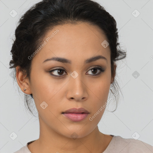 Neutral latino young-adult female with medium  brown hair and brown eyes