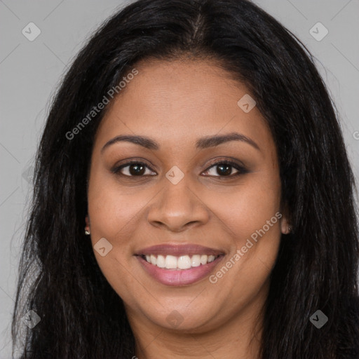 Joyful latino young-adult female with long  brown hair and brown eyes