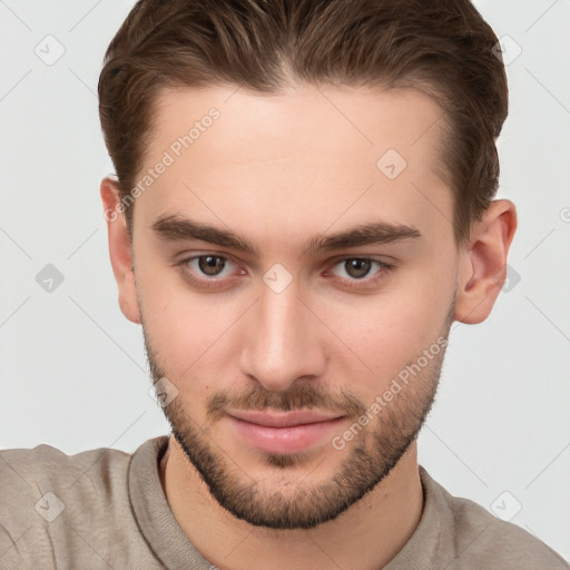 Neutral white young-adult male with short  brown hair and brown eyes