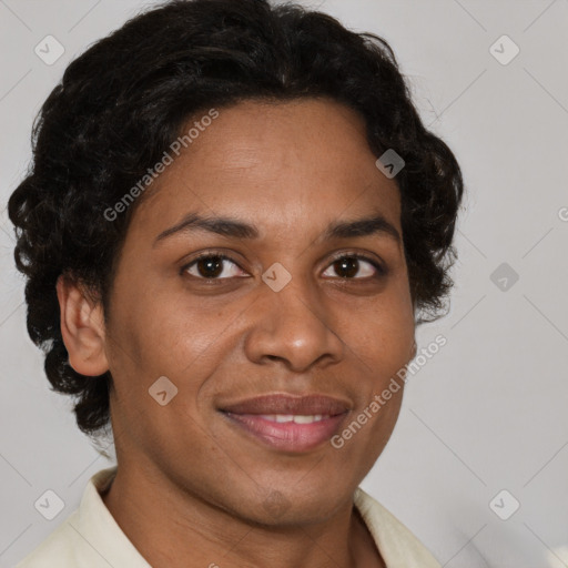 Joyful latino adult female with short  brown hair and brown eyes