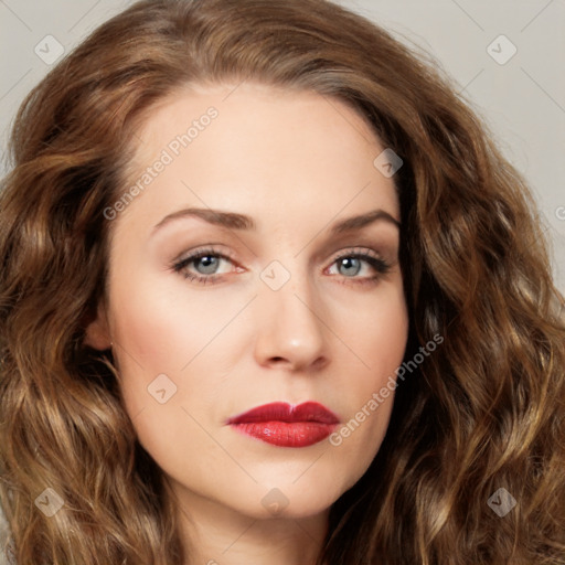 Joyful white young-adult female with long  brown hair and green eyes