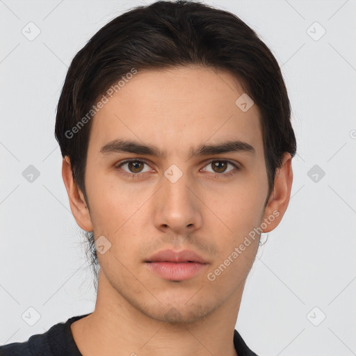 Neutral white young-adult male with short  brown hair and brown eyes