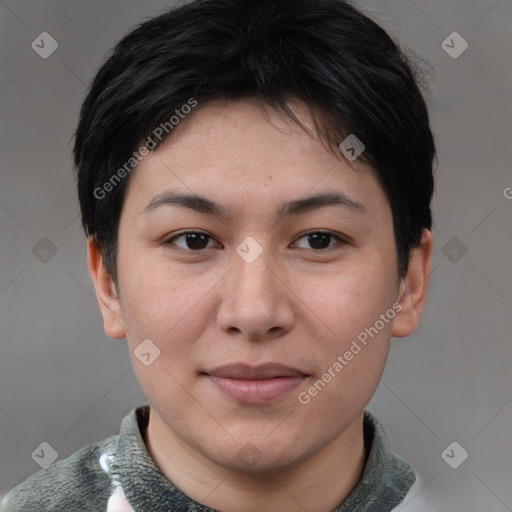 Joyful asian young-adult female with short  brown hair and brown eyes