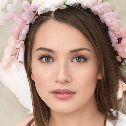 Neutral white young-adult female with medium  brown hair and brown eyes