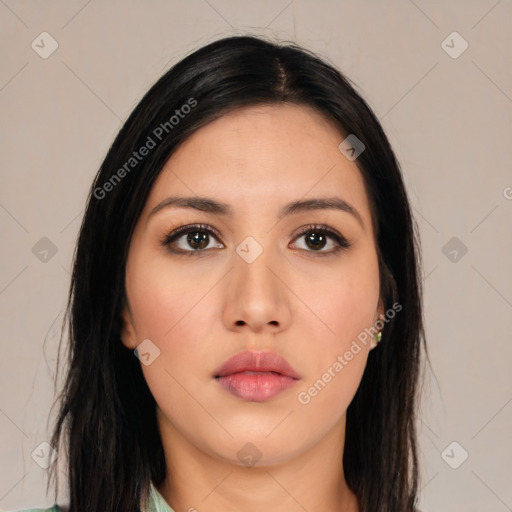 Neutral asian young-adult female with long  black hair and brown eyes