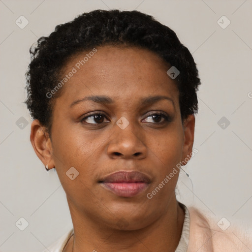 Neutral black young-adult female with short  black hair and brown eyes