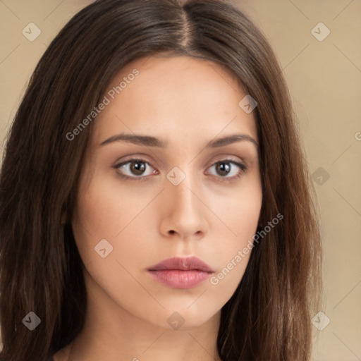 Neutral white young-adult female with long  brown hair and brown eyes