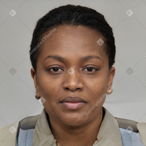 Neutral black young-adult female with short  black hair and brown eyes