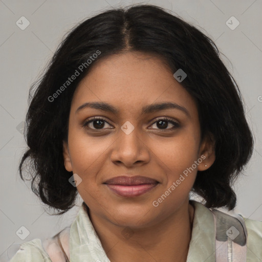 Joyful black young-adult female with medium  black hair and brown eyes