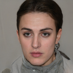 Neutral white young-adult female with short  brown hair and brown eyes