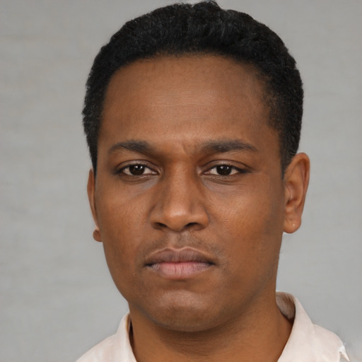 Neutral black young-adult male with short  black hair and brown eyes
