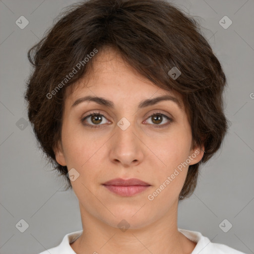 Neutral white young-adult female with medium  brown hair and brown eyes