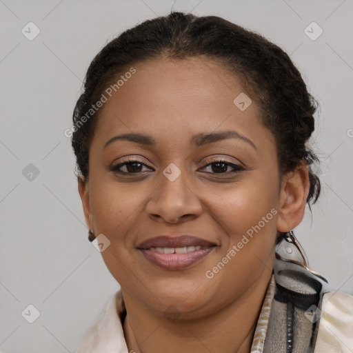 Joyful latino young-adult female with short  brown hair and brown eyes