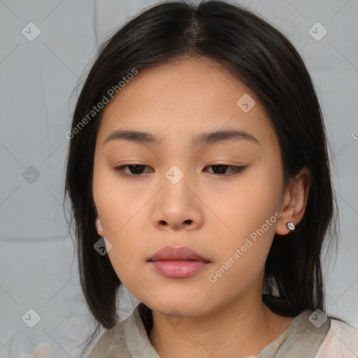 Neutral asian young-adult female with medium  brown hair and brown eyes