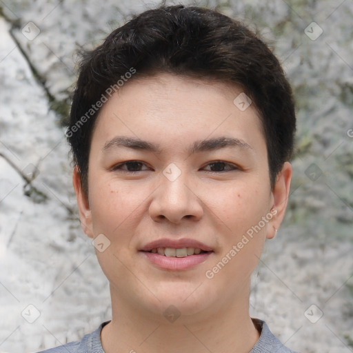 Joyful white young-adult female with short  brown hair and brown eyes