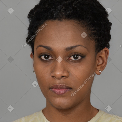 Neutral black young-adult female with short  black hair and brown eyes