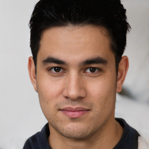 Neutral white young-adult male with short  black hair and brown eyes