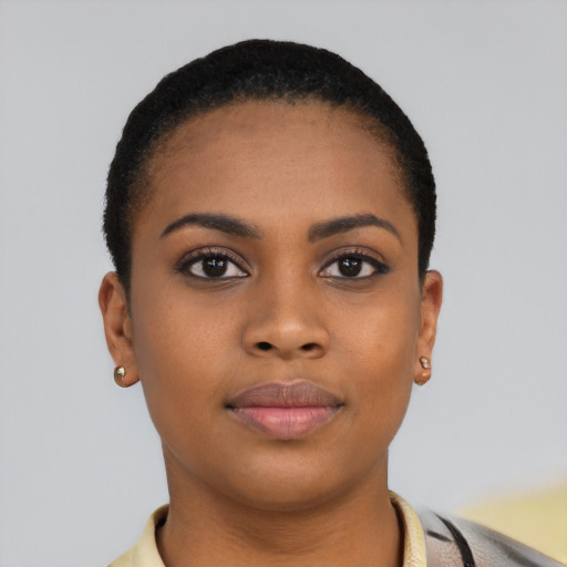 Joyful black young-adult female with short  brown hair and brown eyes