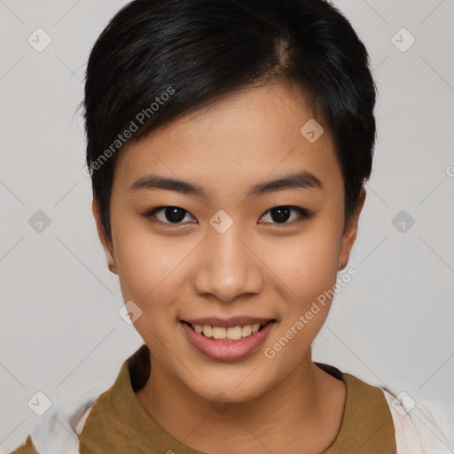 Joyful asian young-adult female with short  black hair and brown eyes