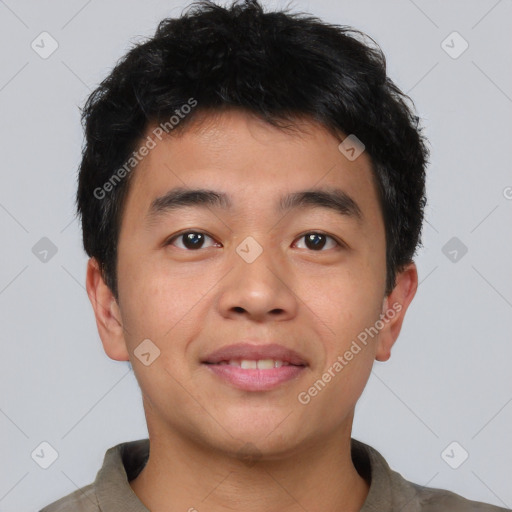 Neutral asian young-adult male with short  brown hair and brown eyes