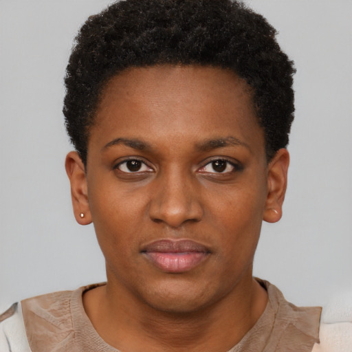 Neutral black young-adult female with short  brown hair and brown eyes