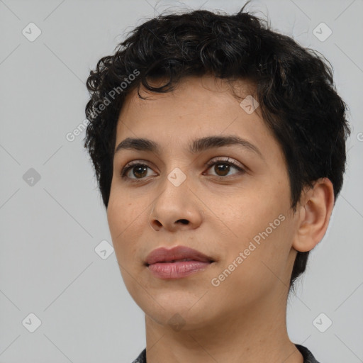 Neutral latino young-adult female with short  black hair and brown eyes