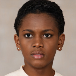 Neutral black young-adult female with short  brown hair and brown eyes