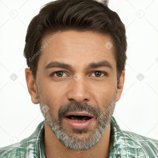 Joyful white young-adult male with short  black hair and brown eyes