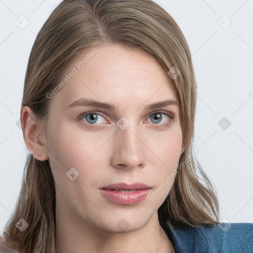 Neutral white young-adult female with long  brown hair and blue eyes